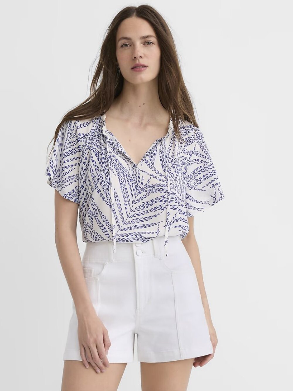 NWT Loft Leafed Ruffle Tie Neck Mixed Media Blouse